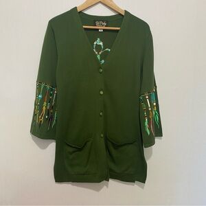 Bob Mackie Wearable Art‎ Green Embroidered Feather Bead Cardigan Sweater M